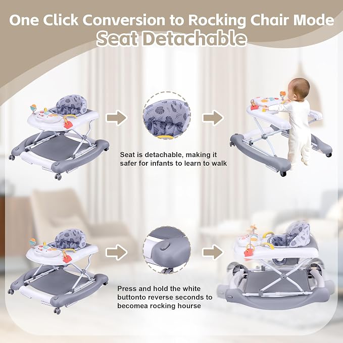 Foldable Baby 5-in-1 Activity Walker - Rocker, Activity Center, Bouncer, Seat, Push Walker - Adjustable Speed Rear Wheels and Height Toys Ages 6-18 Months (Grey)