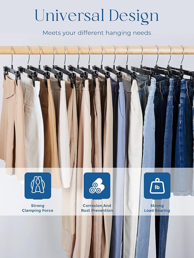 Smartor Space Saving Skirt Hangers - 150 Pack, Slim Plastic Pants and Shorts Hangers, Ridged Non-Slip with Pinch Clips, Black Clip Hanger for Women, 360-Rotating Chrome Swivel Hook, 12 Inches