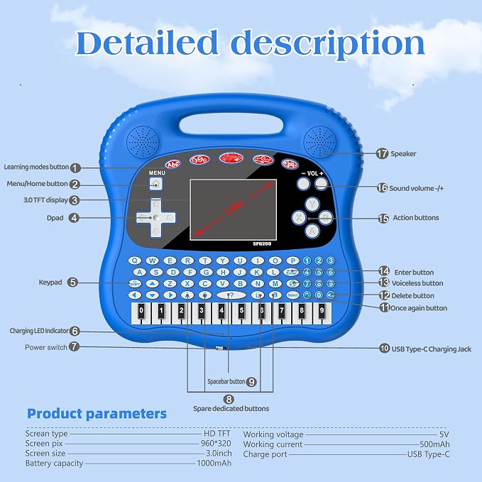 Kids Learning Tablet - 3.0" HD Color Screen Alphabet/Words//Math/Games/Music Preschool Interactive Educational Electronics for Boys and Girls