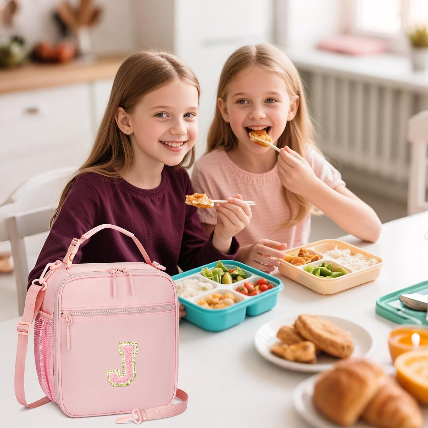 Initial Insulated Lunch Bag for Girls Kids, Back to School Gift, Reusable Leak-proof Lunch Box with Adjustable Strap for School Daycare Travel Picnic (Pink,J)