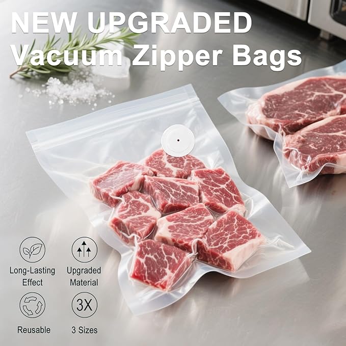 MEGAWISE Vacuum Zipper Bags 15Pcs (10 * 11in), BPA Free, Reusable Food Storage Bags with Air Valve for Sous Vide Cooking/Freezer/Microwave Heating, with 5 Seal Clips.
