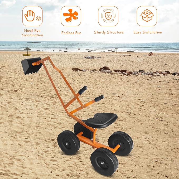 Costzon Kids Ride on Digger, Heavy Duty Steel Digging Scooper Excavator Crane with 360° Rotating Seat, 4 Thickened Wheels, Outdoor Beach Sandbox Toy for Sand, Dirt, Snow, Sit on Digger for Boys Girls