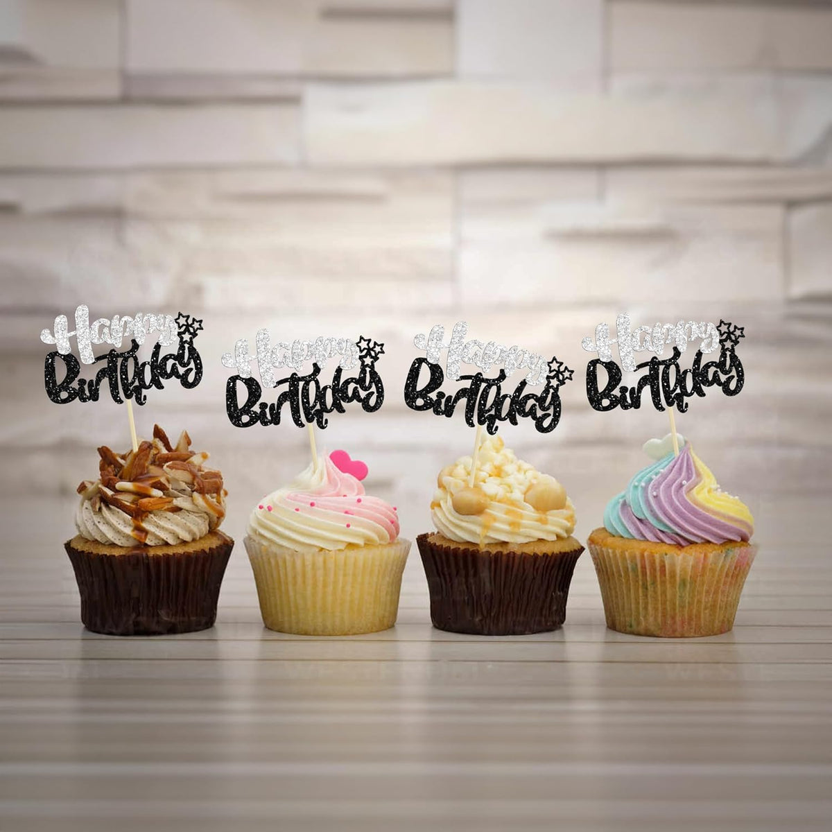 Ephlyn 24Pcs Happy Birthday Cupcake Toppers - Black Silver Glitter - Double Layer - Perfect for Birthday, Baby Shower & Anniversary Parties