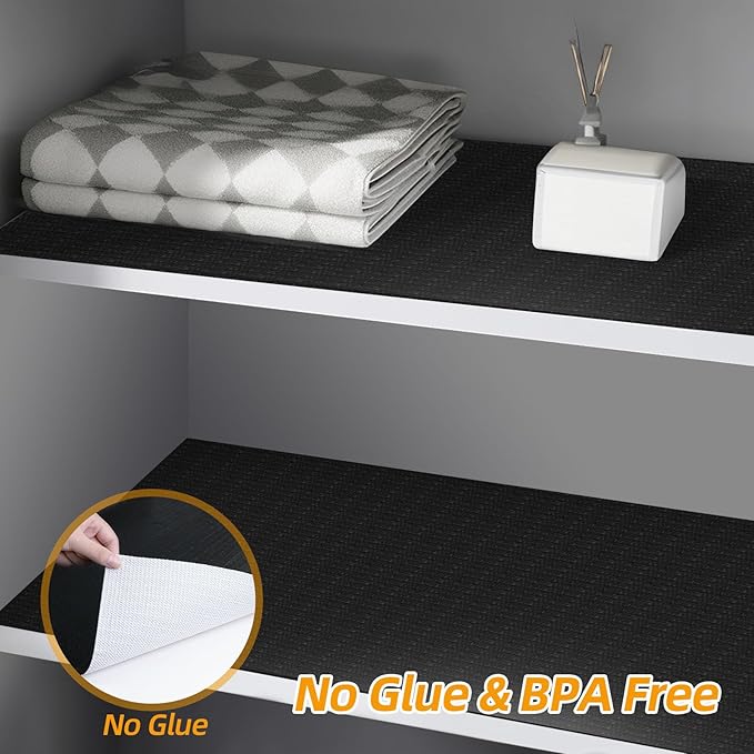 Shelf and Drawer Liner for Kitchen Cabinets Non-Adhesive, Strong Grip Non-Slip Thickened Cabinet Liners for Shelves, Waterproof Mats for Dresser Cupboard, Black, 23 in x 10 Feet