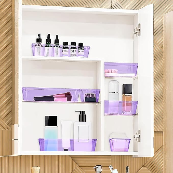 16 PCS Drawer Organizer Set, 5 Varied Size Bathroom and kitchen Drawer cabinet organizer Trays, Clear Storage Bins for Makeup, Jewelry, Utensils and Gadgets, Purple