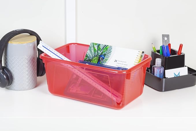 Storex Small Cubby Bins – Plastic Storage Containers for Classroom, 12.2 x 7.8 x 5.1 inches, Candy Red, 5-Pack (62475A05C)