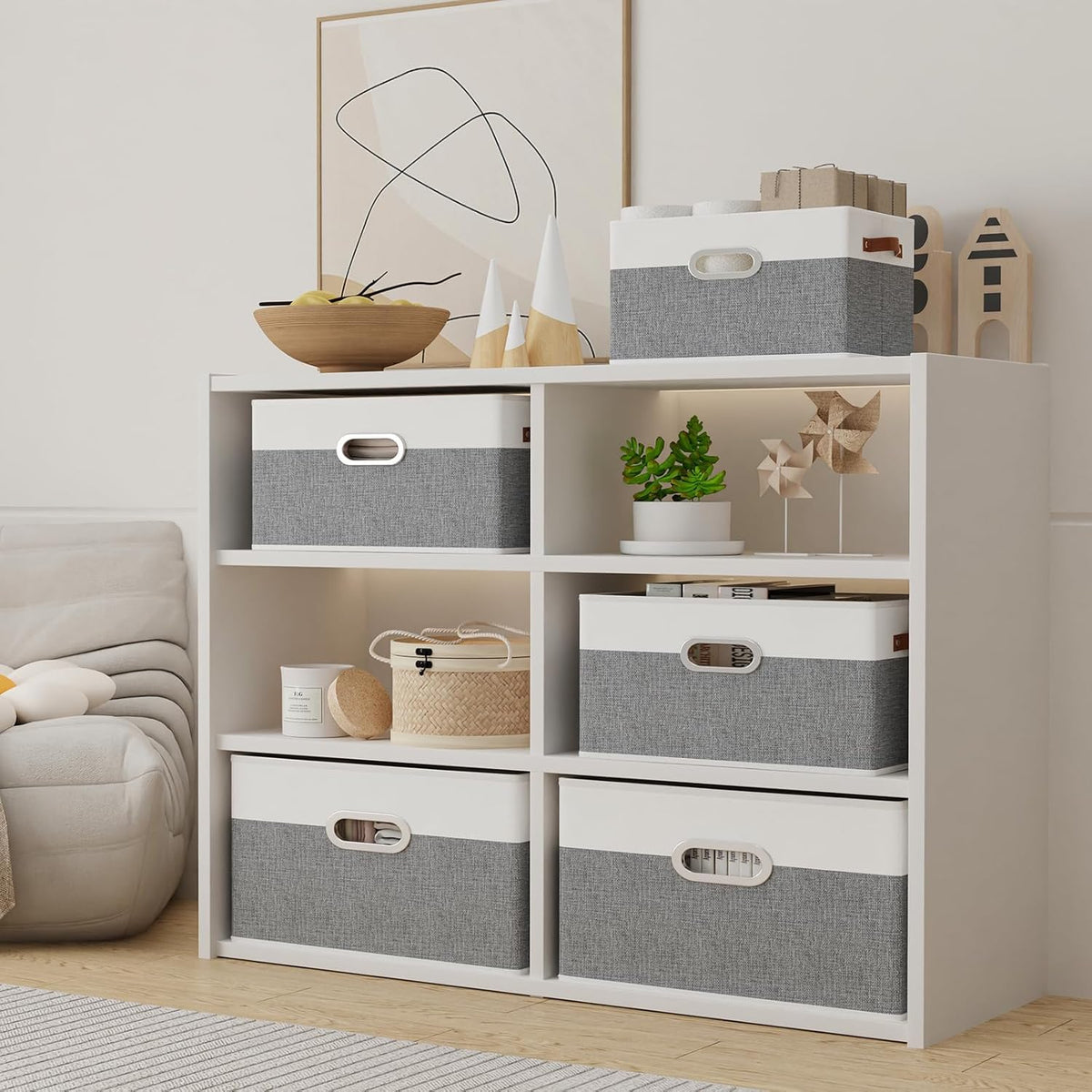 Yawinhe Foldable Storage Baskets for Shelves, Fabric Closet Organizers, Bins with 3 Handles, Cubes for Clothes, White/Grey, 15''Lx9.8''Wx8.3''H, 6-Pack