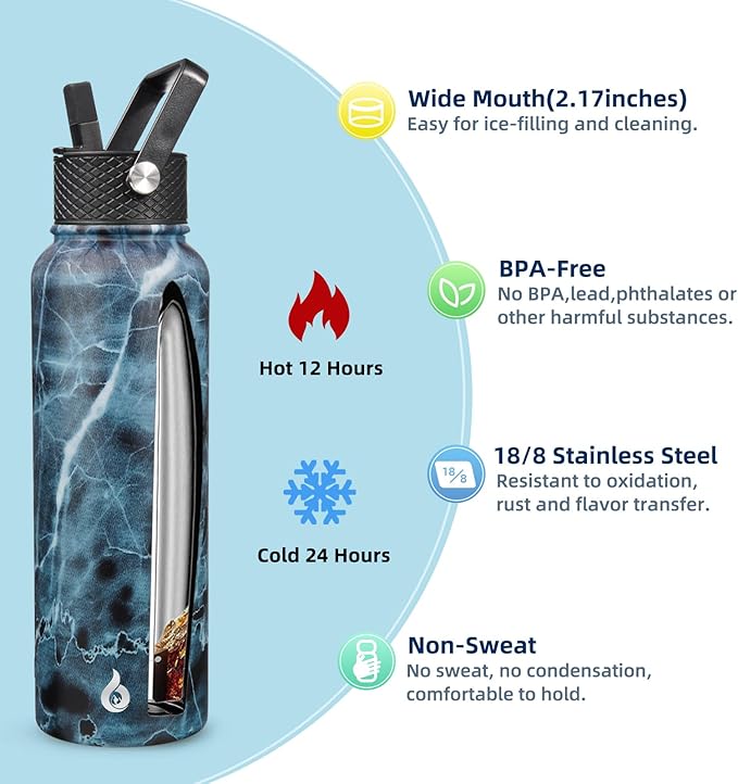 BJPKPK Insulated Water Bottles with Straw Lid, 40oz Stainless Steel Metal Water Bottle with 3 Lids, Reusable Thermo, Keep Cold Hot for Sports, Gym-Ocean
