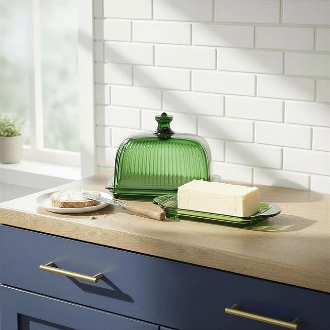 Creative Co-Op Pressed Glass Butter Dish, Green