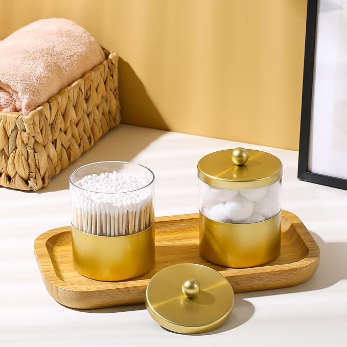 Gaussra Gold Qtip Holder, Apothecary Jars - Stainless Steel Bathroom Jar with Stickers - Farmhouse Decor Qtip Dispenser for Qtips, Cotton Balls, Swabs, Makeup Sponges (2-Pack)