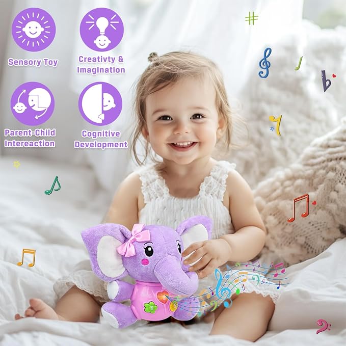 Aitbay Plush Elephant Music Baby Toys 0 3 6 9 12 Months, Cute Stuffed Aminal Light Up Baby Toys Newborn Baby Musical Toys for Infant Babies Boys & Girls Toddlers 0 to 36 Months (Purple)