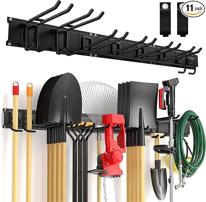 Garage Tool Organizer Wall Mount Garden Tool Organizer 11pcs Adjustable Garage Organizers with 8 Heavy Duty Hooks, Max Load 500lbs Garage Storage for Yard Garden Tools, Shovels, Trimmers, Hoses