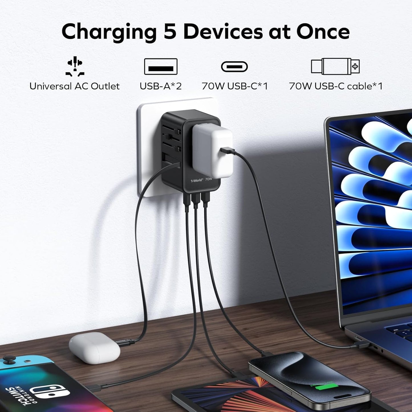 MOMAX Universal Travel Adapter, International Power Plug Adapter with 1 USB C (PD 70W), 2 USB A Ports, 1USB-C Cable (PD 70W), All-in-One Worldwide Wall Charger for USA European UK AUS (Type C/G/A/I)