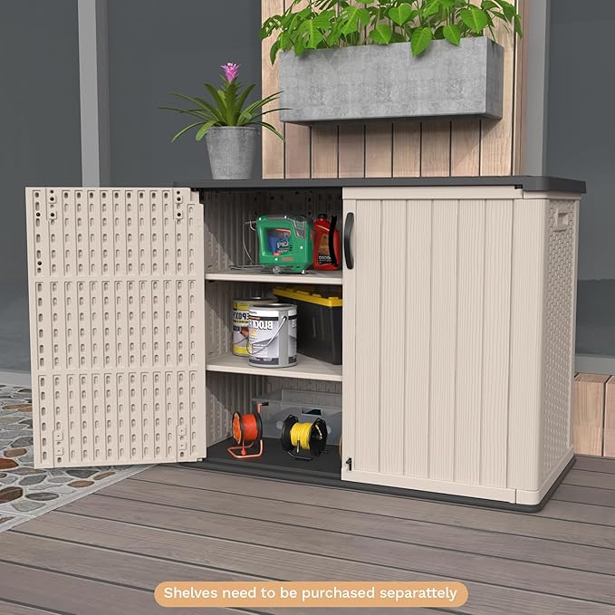 Patiowell 26 cu.ft Plastic Outdoor Storage Shed, Lockable Waterproof Resin Outdoor Storage Cabinet Tool Shed for Garden Tools, Garbage Cans, Pool Supplies, Beige(Not Include Shelves)