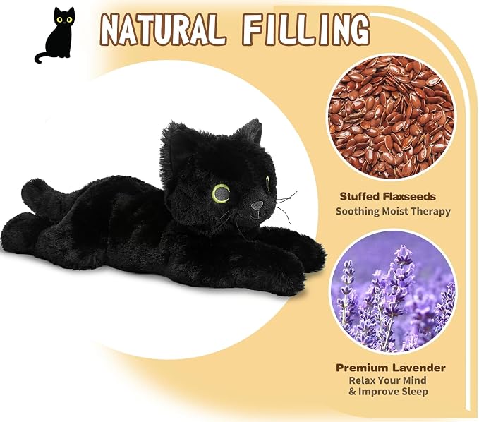 Black Cat Stuffed Animals, Microwavable Stuffed Animal Adorable Fluffy Cat Plush for Warmth & Comfort, Heatable Coolable Lavender Scent Cat Toy, Cute Soft Plushies Cat Gifts for Kids Boy Girls & Adult