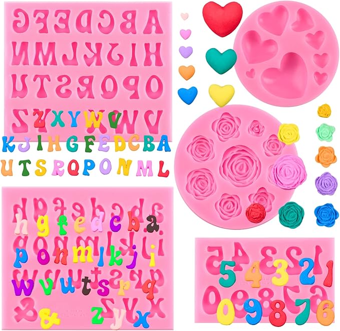 5 PCS Silicone Letter Molds, Non-Stick Number Heart Rose Flower Fondant Molds for Chocolate, Candy, Cake Decoration, Cupcake Topper