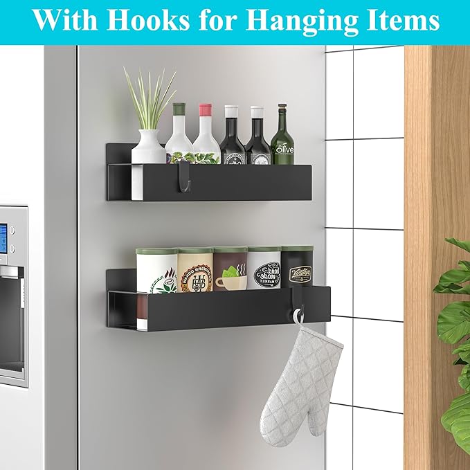 2 Pack Magnetic Spice Storage Rack Organizer for Refrigerator and Oven, Matt Black Fridge Organizers and Storage