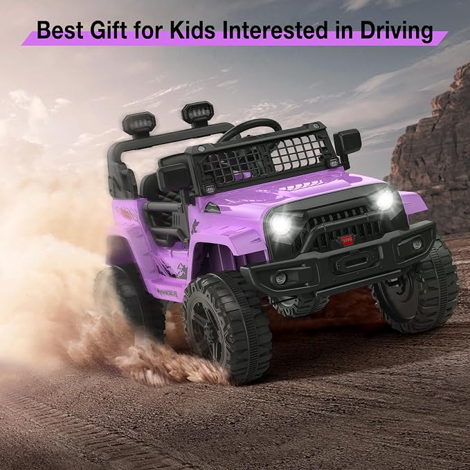 Hetoy 12V Ride on Toys with Parent Remote Control Toddler Electric Vehicle with Spring Suspension, LED Lights, Bluetooth, Music Player, 3 Speeds Ride on Car Truck for Kids Age 3-8 (Purple)
