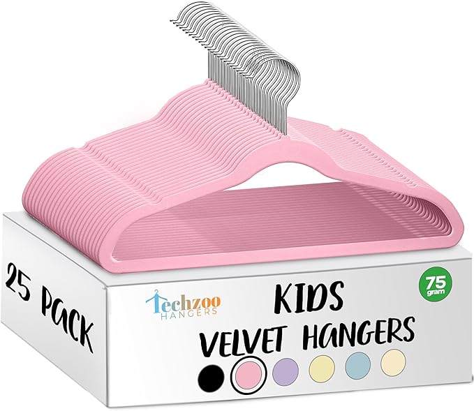 25 Premium Kids Velvet Hangers - 14" Non-Slip Clothes Hangers for Kids & Preteens - Ultra Slim, Space-Saving, Strong & Durable Hangers with 360° Swivel Hook - Pink