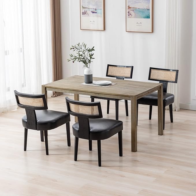 Rattan Dining Chairs Set of 4, Modern PU Leather Upholstered Kitchen Chairs, Wooden Dining Room Chair Farmhouse Dinner Chair, Black