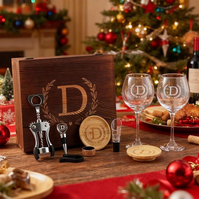 GZLDGIFTS Personalized Initial Wine Glasses Box Gift Set For Women Mom Engraved Birthday Monogrammed Wooden Christmas Gifts Wedding Anniversary Wine Couples Stopper Opener Initial Letterr (H Set)