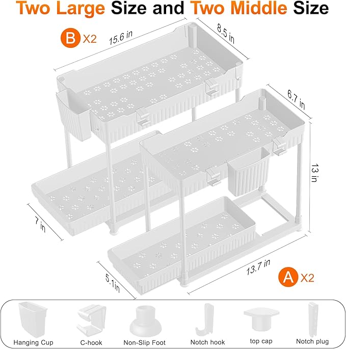 Under Sink Organizer, Bathroom Organizers and Storage, 2 Tier Multi-Use Pull Out Cabinet Organizer with Hang Hooks and Cups (White, 4 Pack)