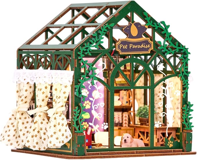 DIY Miniature Dollhouse Kit,3D Wooden Puzzles for Adults to Build, Birthday/Christmas Day Gift for Pet Lovers,Mini Furbabies‘ House with LED Lights,Pet Paradise