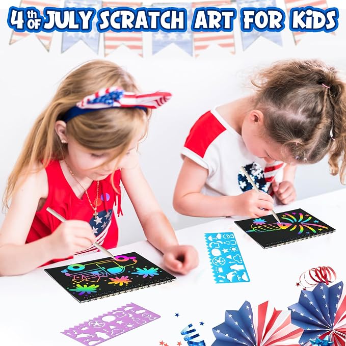 Party Favors for Kids: 24 Pack 4th of July Rainbow Scratch Art Notebook Classroom Supplies Bulk for Girls Boys Goodie Bags Stuffers, Independence Day Party Gift Kid Crafts