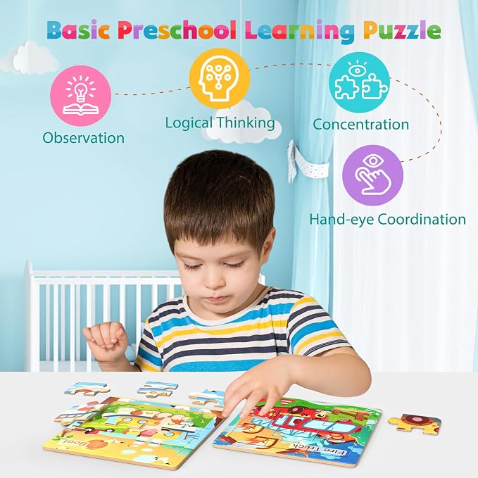Zeoddler Wooden Puzzles for Toddlers, 8 Pack Vehicle Jigsaw Puzzles for Kids3-5, 9 Pieces Preschool Learning Activities, Learning & Educational Toys, Gift for Boys, Girls