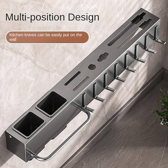 New Multi-Functional Kitchen Rack Home Wall-Mounted Knives Chopstick and Spoon Storage Rack Punch-Free cookware draining Rack, 40, Black