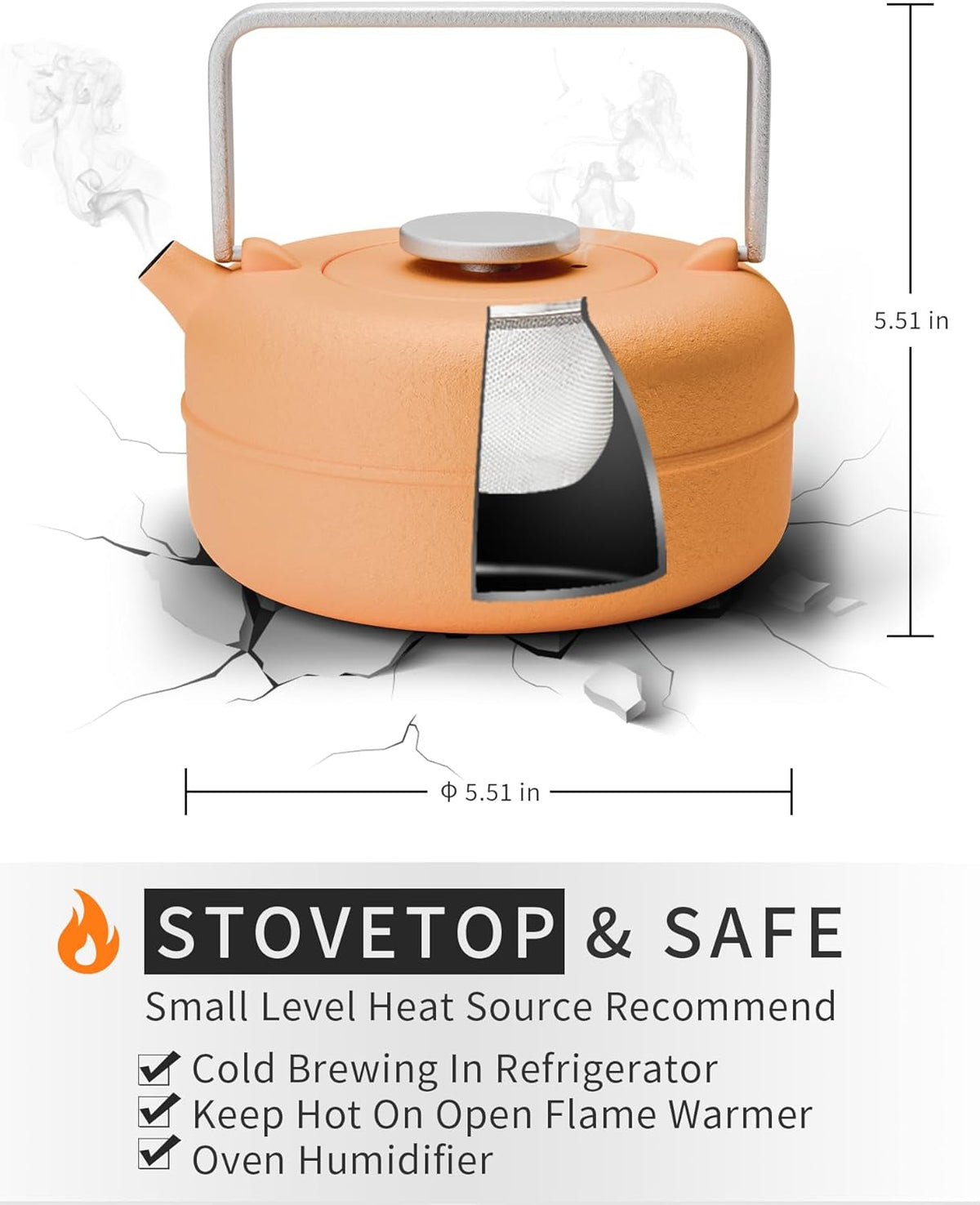 Toptier Teapot with Removable Infuser, Cast Iron Tea Kettle Stovetop Safe, Solid Geometry Cylinder Design Tea Pot Coated with Enameled Interior for 27 Ounce (800 ml), Yellow to Orange