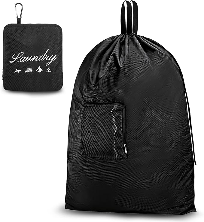 JHX Travel Laundry Bag XL, Extra large Dirty Clothes Organizer【Upgraded】with Handles and Aluminum Carabiner for Travel, Camp, Fitness, and Students (Thickened - Black) 32"H x 23"W