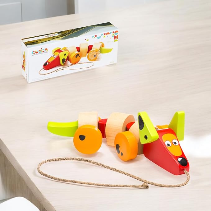 Cubika Wooden Walk Along Sausage Dog – Pull Toy for Toddlers Ages 1-3 – Montessori Inspired, FSC-Certified Wood, German Water-Based Paint – Travel Wooden Toys for Boys and Girls