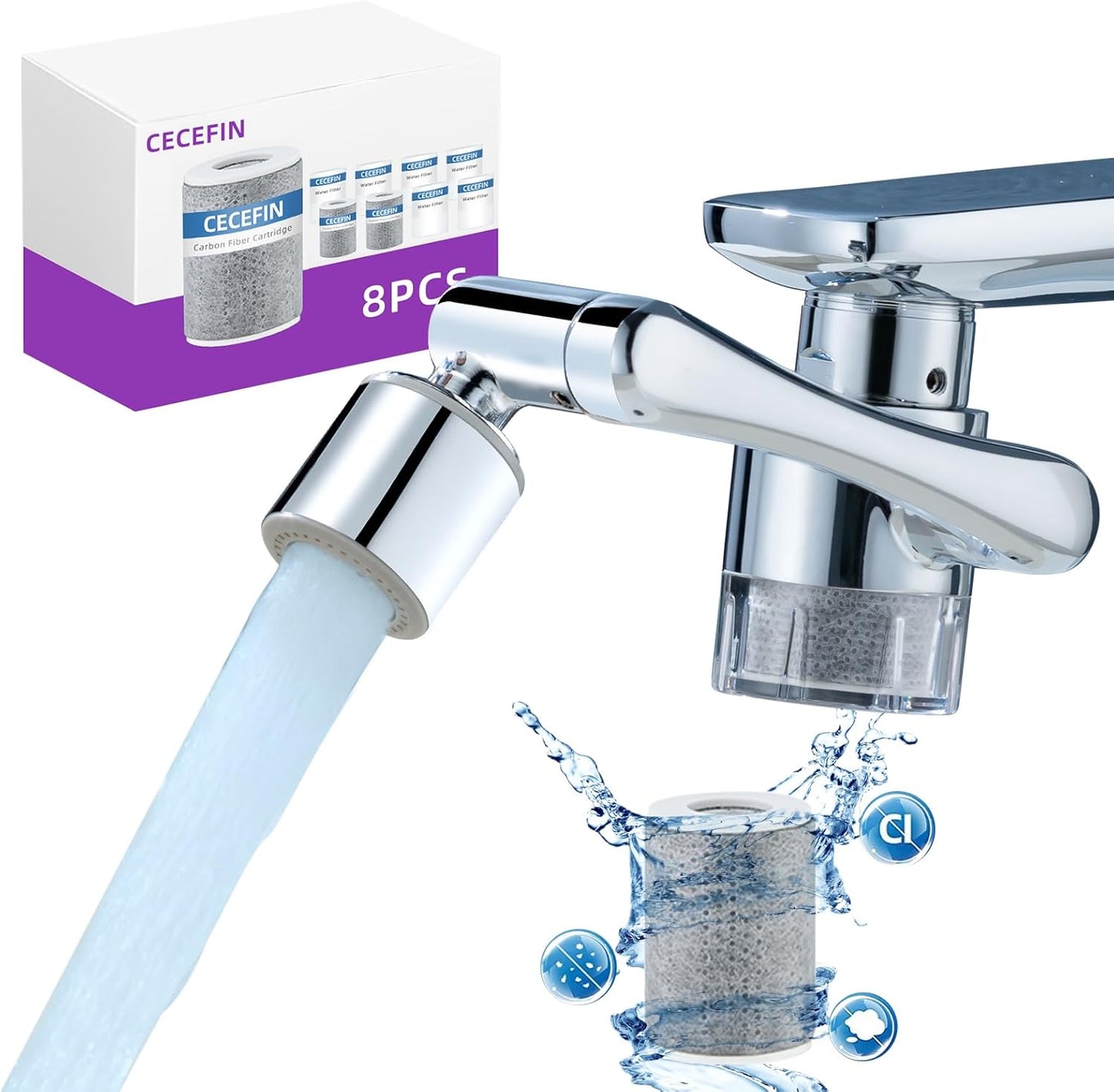 CECEFIN Water-Filter for Sink-Faucet Extender-Aerator - 9pcs Cartridges Reduce Chlorine for Bathroom/Kitchen Skin Face Eye Wash,Brass Faucet Mount Purifier System,1080°Rotating 2-Mode Swivel Aerator