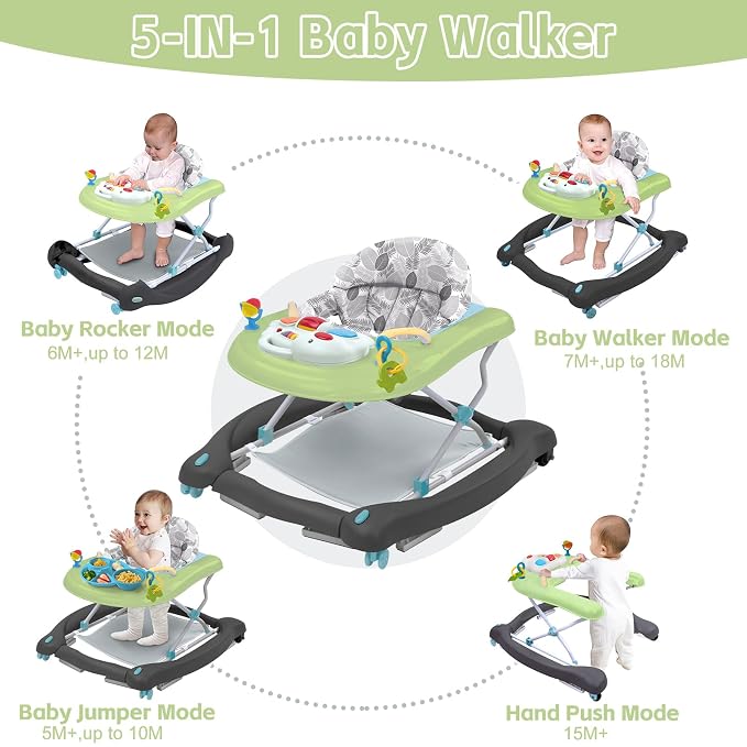 5 in 1 Foldable Baby Walker, Activity Baby Walker-Baby Bouncer, Rocker, Activity Center,Seat and Push Walker,Detachable Trampoline Mat, Adjustable Speed Rear Wheels and Height,Ages 6-18 Months(Green)