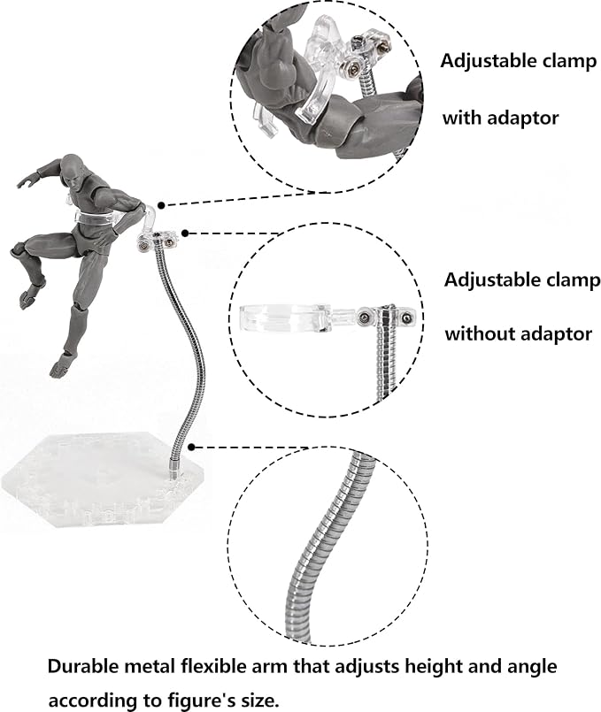 Action Figure Stand with Adjustable Metal Support Arm, Action Figure Display Holder Stand Base Compatible with HG RG SD SHF Gundam 1/144 Toy with Screwdriver (2Pcs Clear)