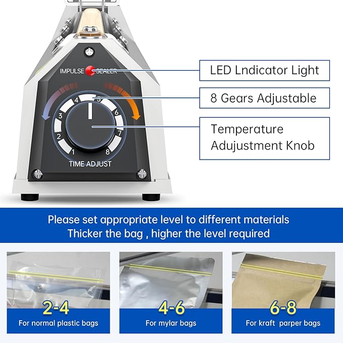 Impulse Heat Sealer with Hot Cutting Wire, Heavy-Duty Bag Sealing & Cutting Machine, 2 Extra Replacements (White, 8-Inch)