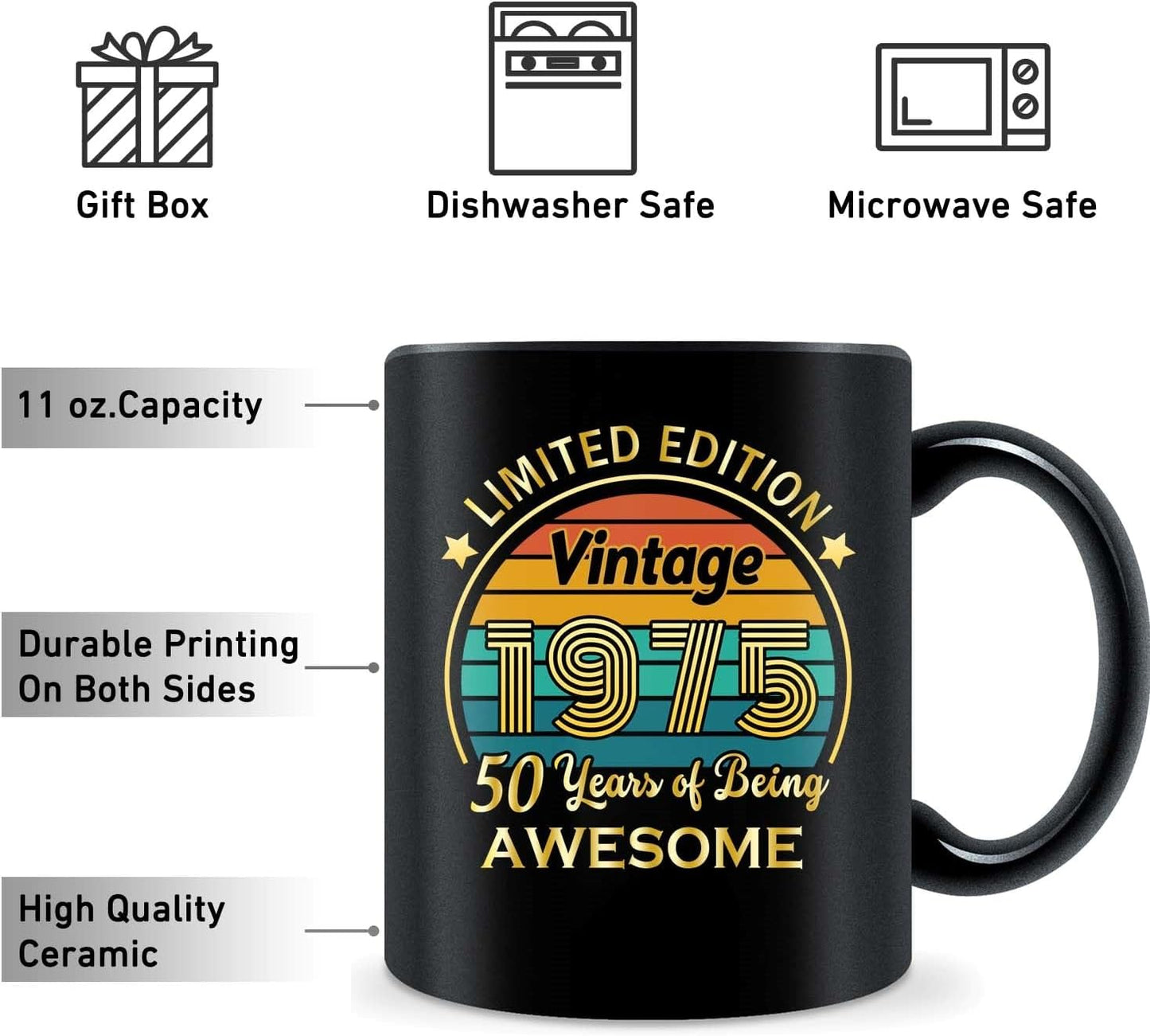 QUPT 50th Birthday Gifts for Women Men, 50th Birthday Gifts for Him, 1975 Birthday Gifts for Women Men, 50 Years Old Gifts, 1975 Birthday Gifts for Her Him, 50th Birthday Presents Coffee Mug