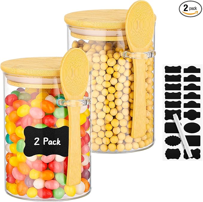 Glass Containers with Bamboo Lids and Spoon - 2 Pack 18 Fl.oz Glass Jar with Airtight Lids Set, Includes Labels and Marker, Pantry Storage Jars for Tea, Sugar, Coffee Bean, Cookie, Salad, Nuts