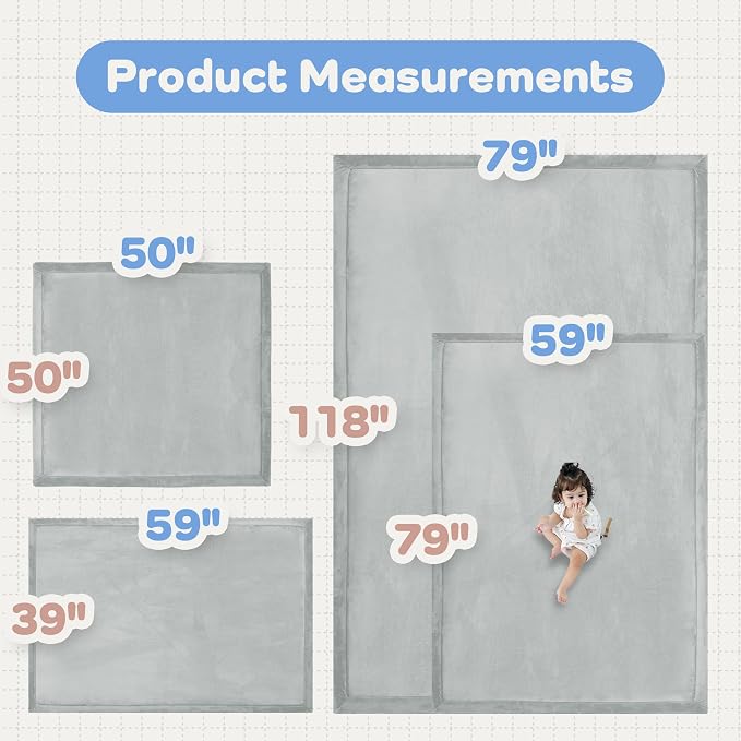 1.5" Thick Padded Baby Play Mat for Floor Tummy Time, Pro Soft Foam Activity Playroom Playmats, Easy Care with Non-Slip Safe for Infant Toddlers Crawling 71"x 79" (Light Grey)