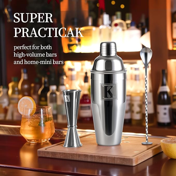 24oz Cocktail Shaker Set with 1 oz 2oz Jigger - Monogramm Initials Martini Shaker Set - 304 Stainless Steel Bar Shaker for Margarita,Mojito-Personalized Gift for Friend,Husband -C