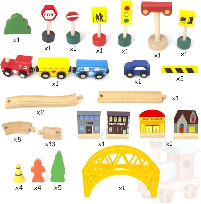 60Pcs Train Set for 3 Year Old Boys, Double-Side Wooden Train Set Tracks for Toddlers, Fits Brio, Thomas, Melissa and Doug, Kids Wood Train Toys for 3 4 5 Year Old Boys and Girls (Yellow)
