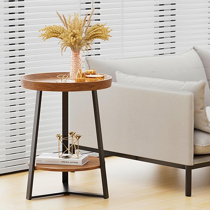 Gadroad Round End Table with Storage Shelf, 2 Tier Farmhouse Side Table Nightstand for Living Room, Bedroom, Wood Tabletop & Black Metal Frame, Brown 15.7 * 15.7 * 23.0inches
