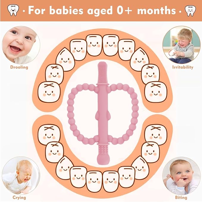 Fu Store Hollow Teether Tube 3 Pack Apple Shape Chew Straw Sensory Toy for Infant Toddlers Silicone Tubes Teething Toys for Babies 0-6 0-12 0-36 Months (Pink, Dark Pink, Blue)