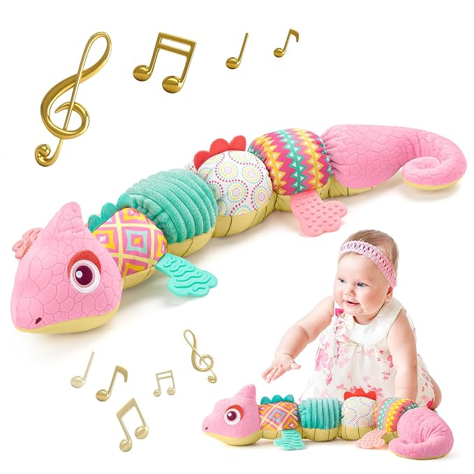 Sumobaby Infant Baby Musical Stuffed Animal Toys for 0-3-6-12 Months,Multi Sensory Toys with Crinkle and Rattles, Tummy Time Toys for Newborn Boys Girls, Dinosaur, Pink