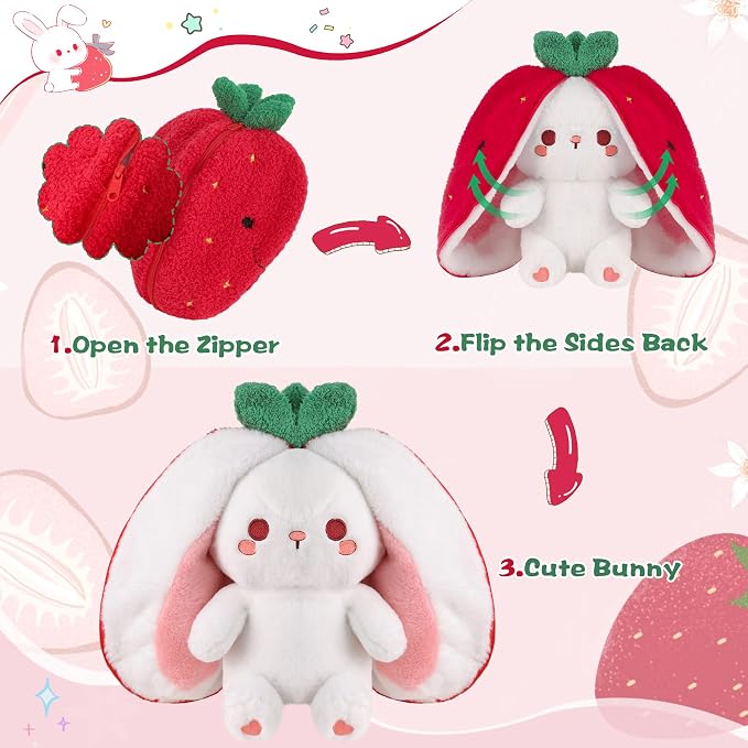 MIAODAM Strawberry Bunny Plush Toy-Soft Huggable Stuffed Animal for Kids & Collectors, Birthday Present & Nursery Decor 13.7inch