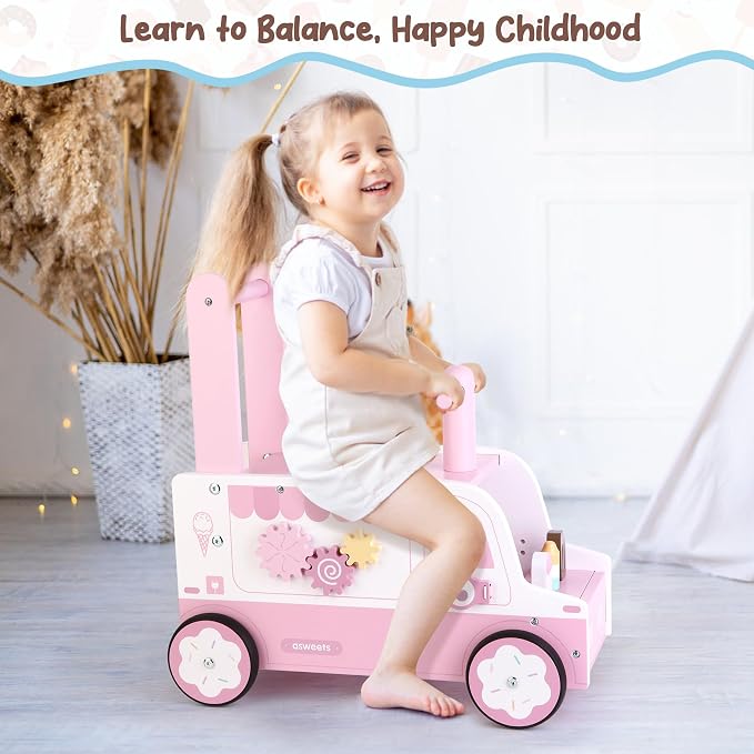 Asweets Wooden Baby Push and Pull Walker with Wheels, Learining Acticity Walker for Boys & Girls, Multiple Activities Center, Develops Motor Skills & Stimulates, 17.3''L x 9.1''W x 18.1''H