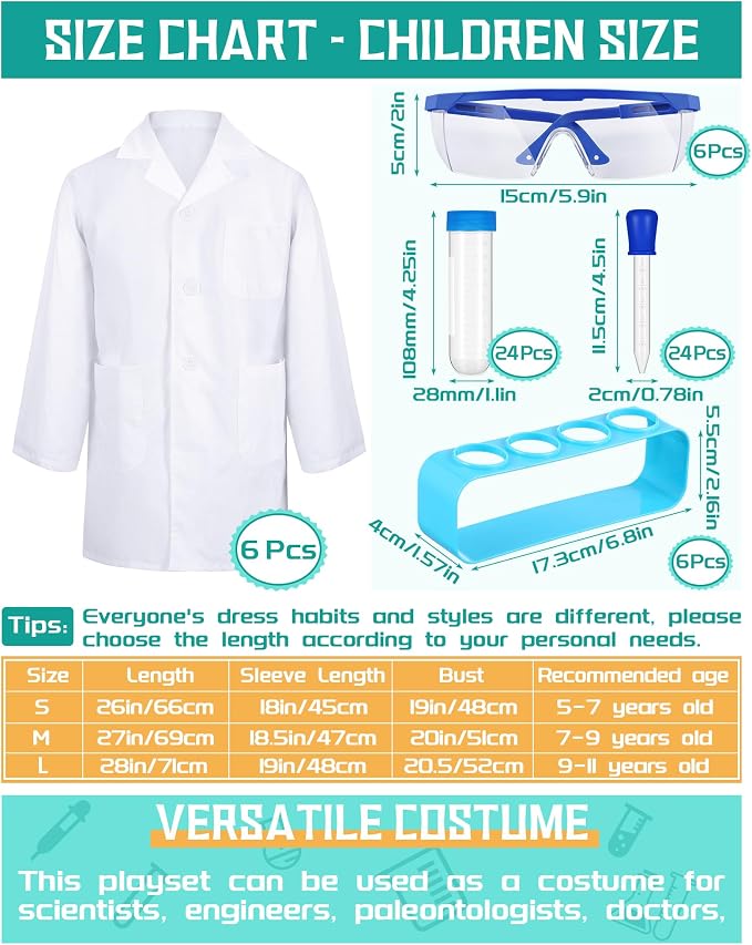 Unittype 6 Set 66 Pcs White Kids Lab Coats Bulk Children Girl Doctor Scientist Costume Lab Coat Goggles Test Tube Eyedropper(M)