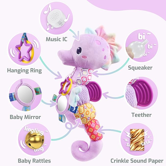 Sumobaby Infant Baby Musical Stuffed Animal Activity Soft Toys with Multi-Sensory Crinkle, Rattle and Textures, for Tummy Time Newborn 0-3-6-12 Months Girls,Seahorses - Purple with Baby Mirror