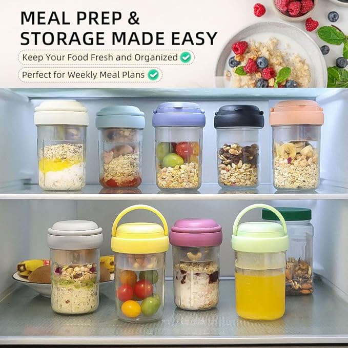 4 Pack Overnight Oats Containers with Lids and Handles, Folding Spoons & Divided Compartments for Fruit & Nuts, 16oz Glass Mason Jars for Oatmeal, Meal Prep & Breakfast (Black/Deep-Blue/Cream/Purple)